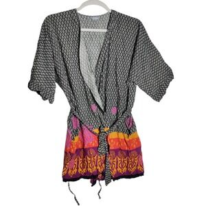 Sudara Womens One Size Black White Geometric Floral Rayon Wrap Robe Top Kimono